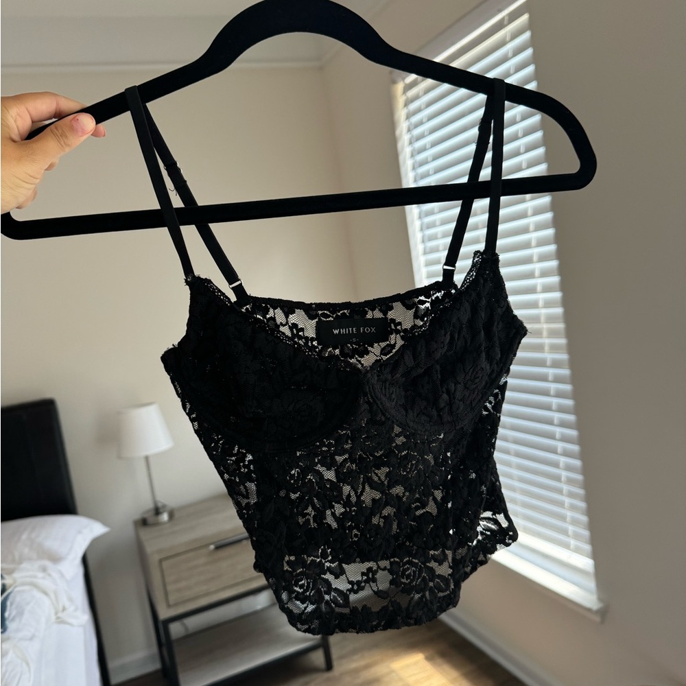 White fox black lace corset crop top